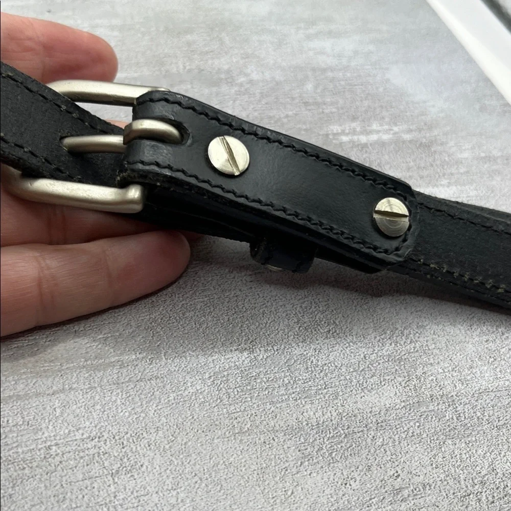 Black Leather Belt with Cobalt  Blue Accents Rhinestone Silver Tone Size 28